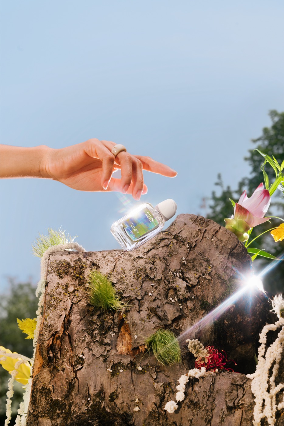 Future Society — hand reaching for fragrance on a mossy stump