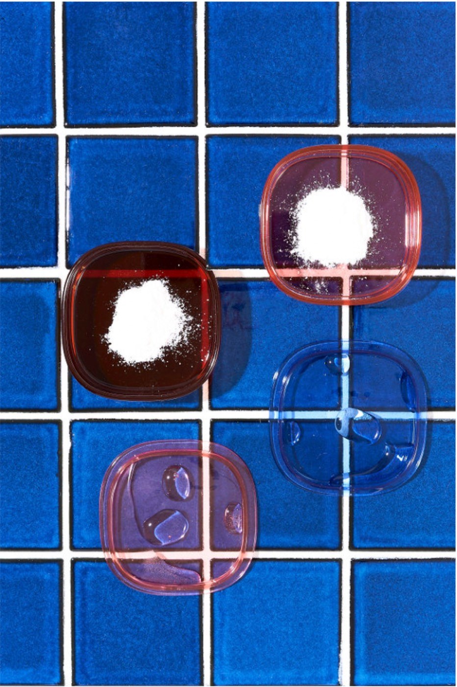 Lion Pose ingredient trays on blue tile