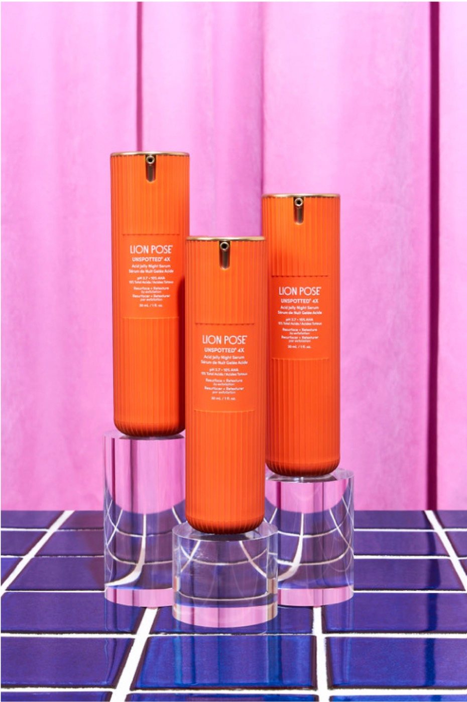 Lion Pose serum trio on acrylic pedestals